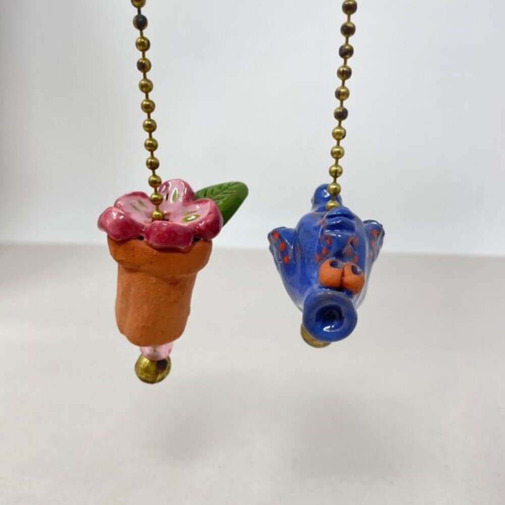 Clay Art Light Fan Pull Chain Set of 2 Fish Potted Plant Decor‎ Artsy Painted